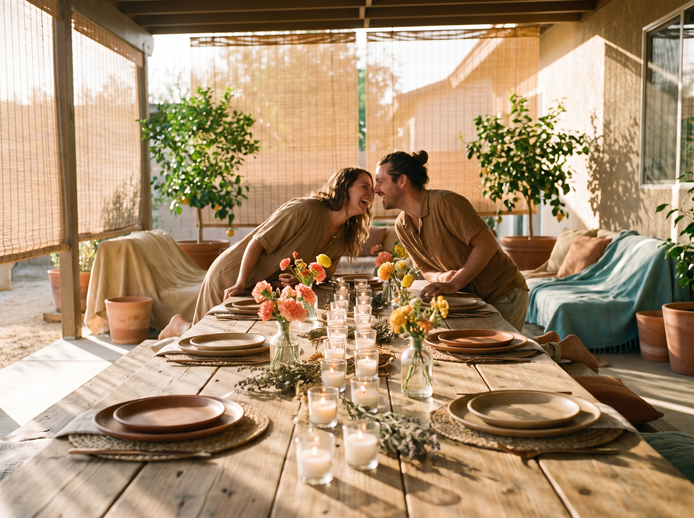A long table on a covered patio in late afternoon light, small lit candles down its center, plates and glasses half set, and two people laughing together at the far end.