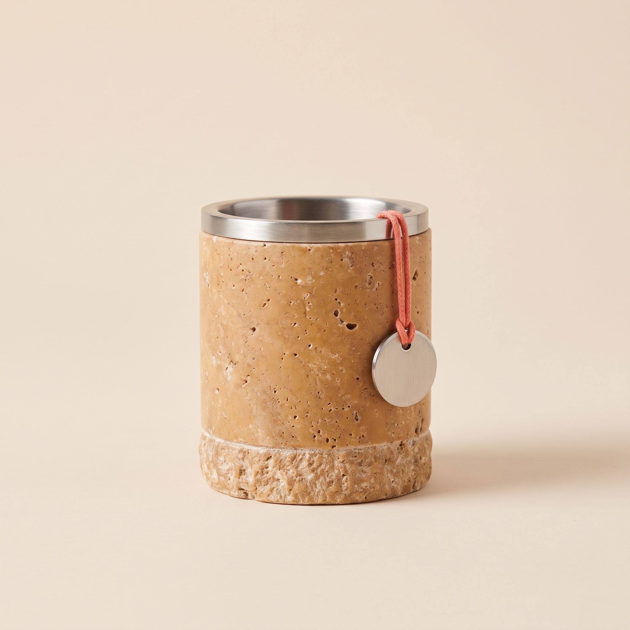 After Hours Match Striker, Honed travertine cup for matches with a rough striking band and a brushed steel rim, 2.75 inches wide by 3 inches tall, warm sand, 100 matches included