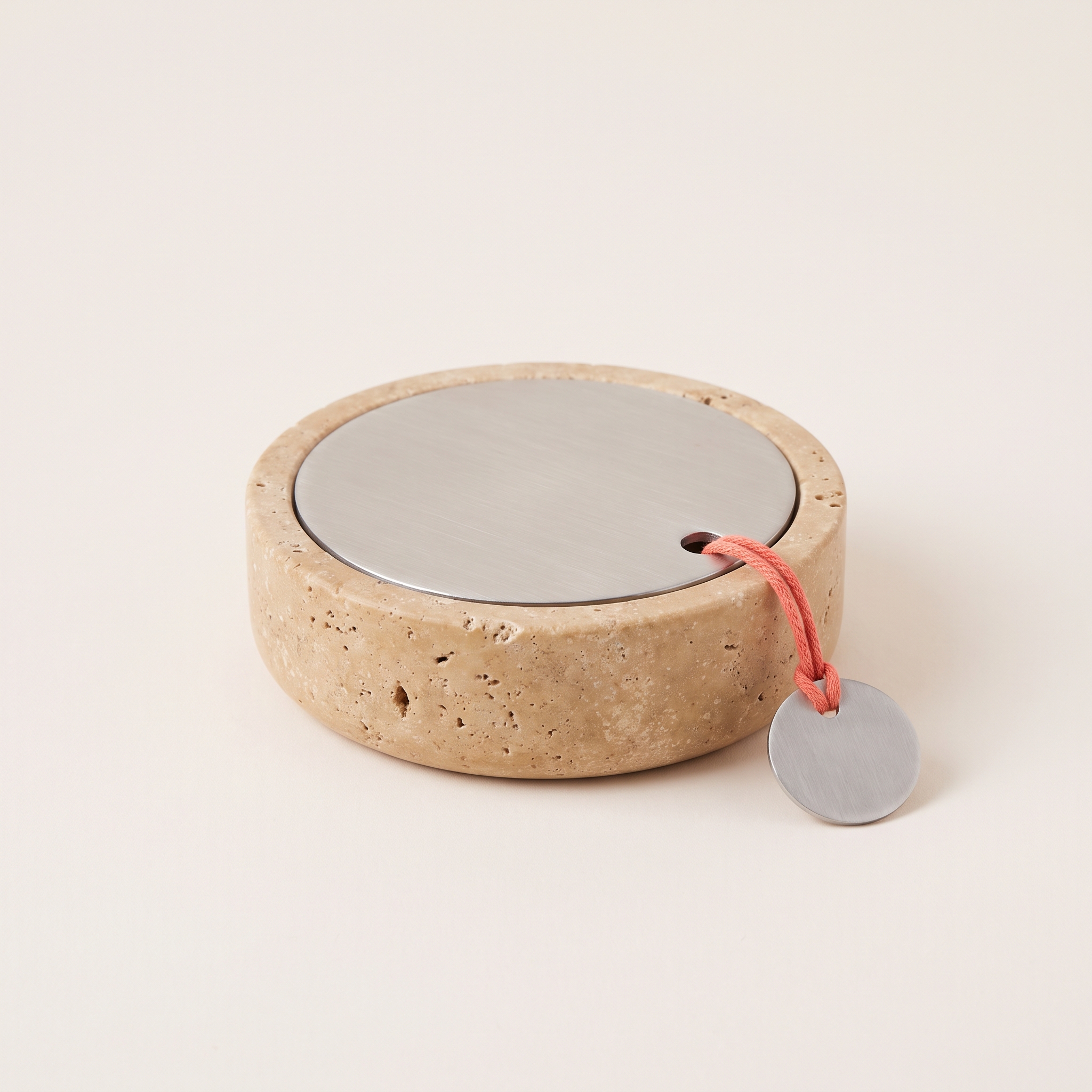 Nightfall Cone Holder, Honed travertine dish with an inset brushed steel plate, for cones and short sticks, 4 inches wide by 1.25 inches tall, warm sand
