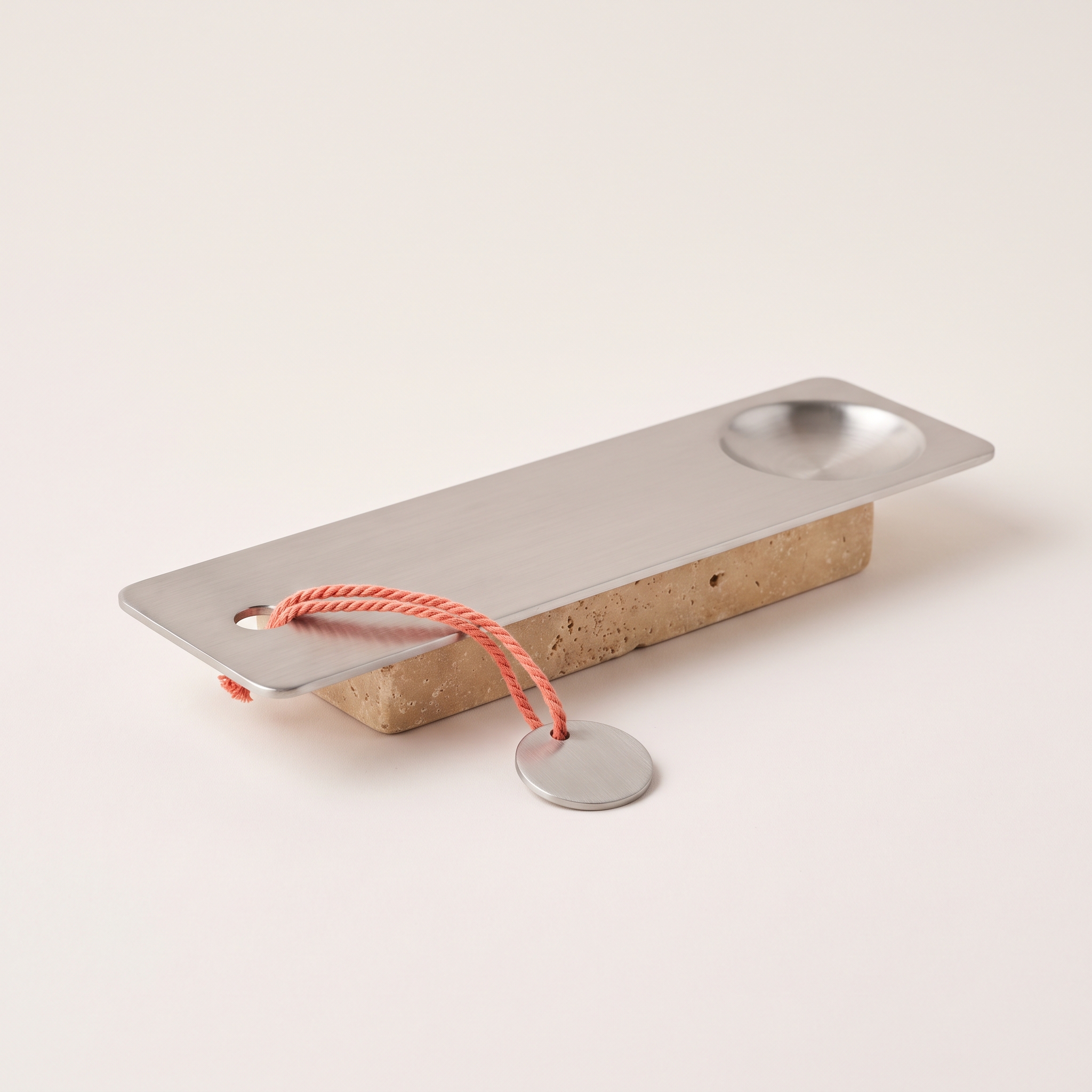 Late Incense Tray, Brushed steel incense tray on a honed travertine foot, for sticks and cones, 9 inches long by 3 inches wide by 1.5 inches tall, warm sand and steel
