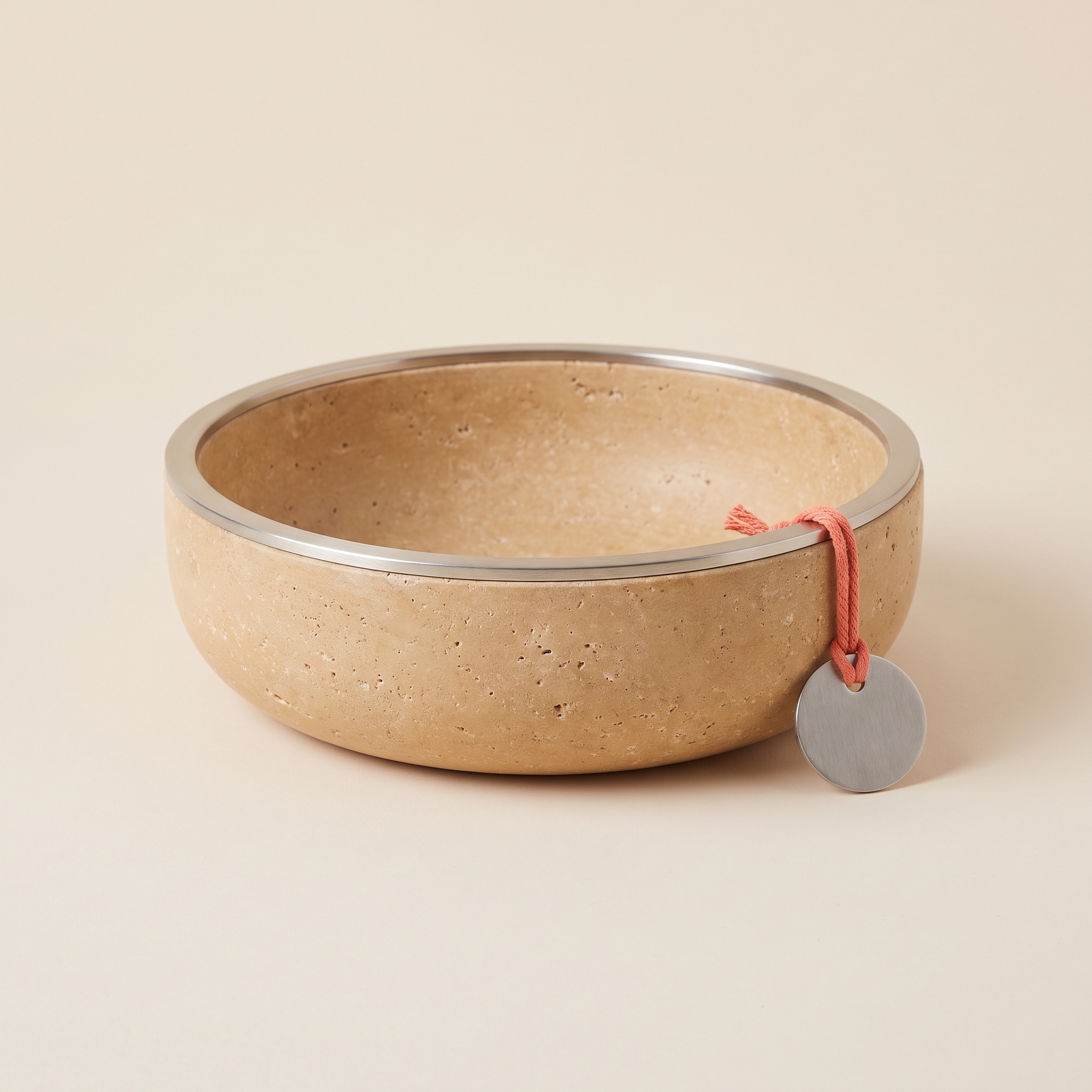 Six O'Clock Catch Bowl, Honed travertine bowl with a brushed steel rim, 8 inches wide by 2.5 inches tall, warm sand
