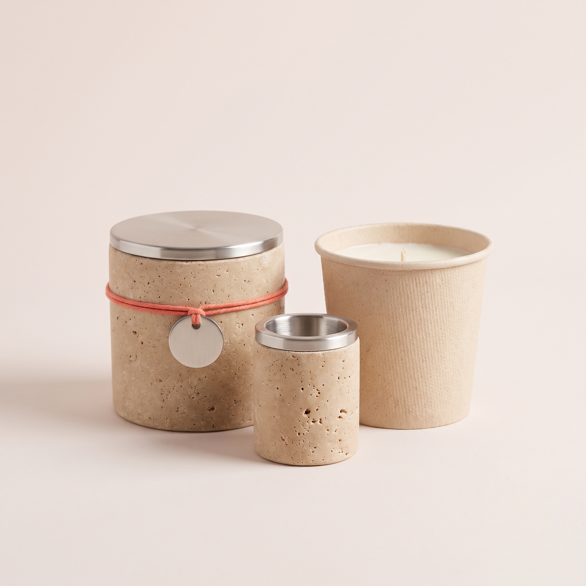 The Dusk Set, Dusk Vessel Candle, After Hours Match Striker and Dusk Refill Candle, honed travertine and brushed steel, warm sand