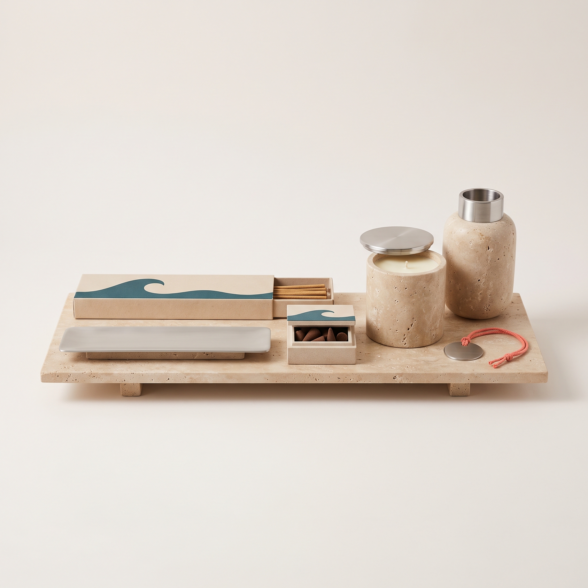 The Late Set, Late Incense Tray, Nightfall Incense Sticks and Nightfall Incense Cones, brushed steel and honed travertine, warm sand