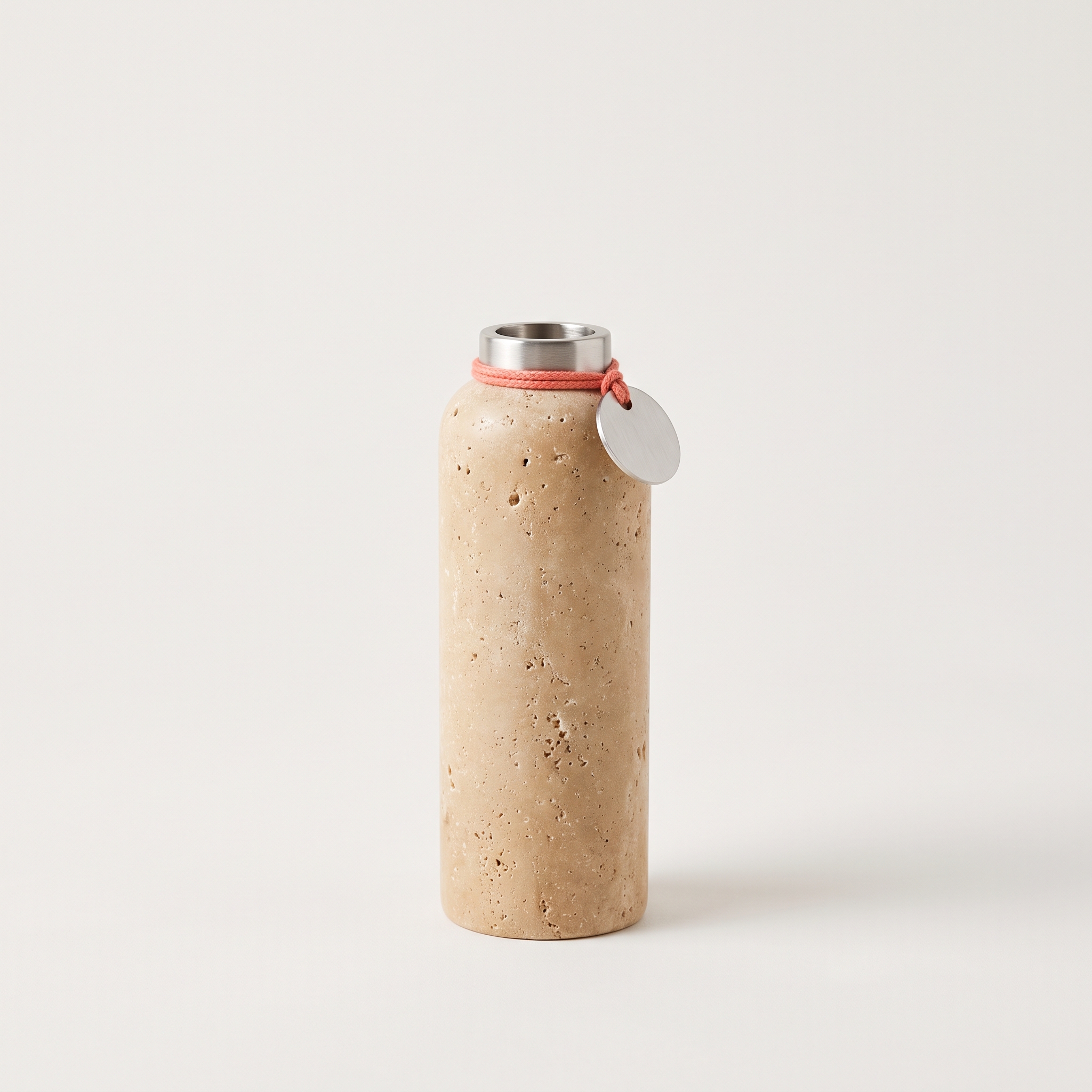 Noon Bud Vase, Honed travertine bud vase with a brushed steel collar and removable steel liner, 2.25 inches wide by 5 inches tall, warm sand