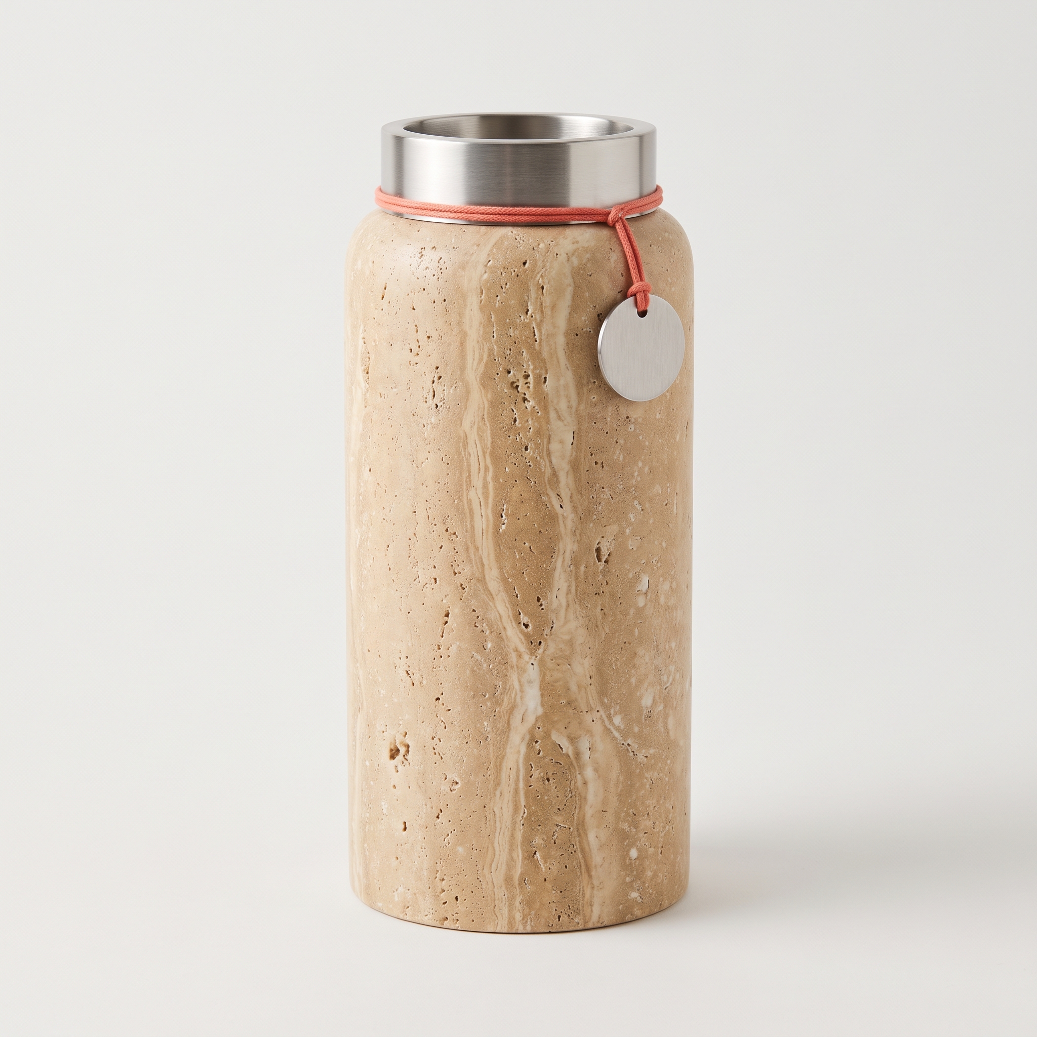 Afternoon Tall Vase, Honed travertine vase with a brushed steel collar and removable steel liner, 4 inches wide by 11 inches tall, warm sand