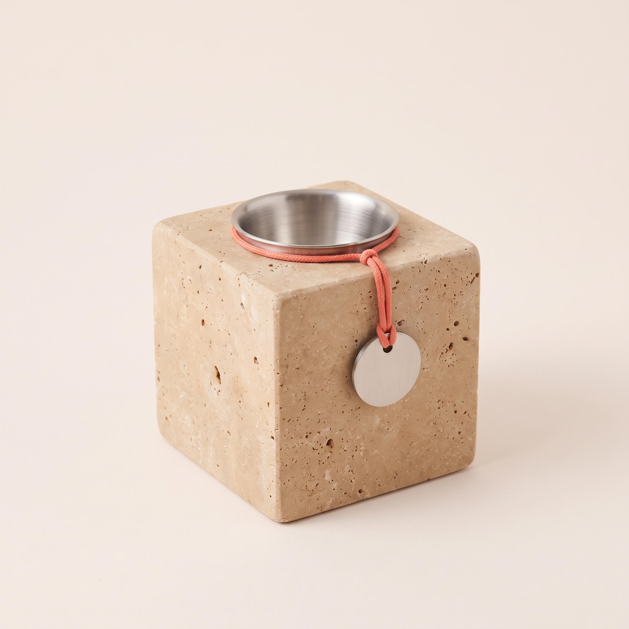 First Light Taper Holder, Honed travertine block with a brushed steel cup for one standard taper, 3 inches wide by 2.5 inches tall, warm sand