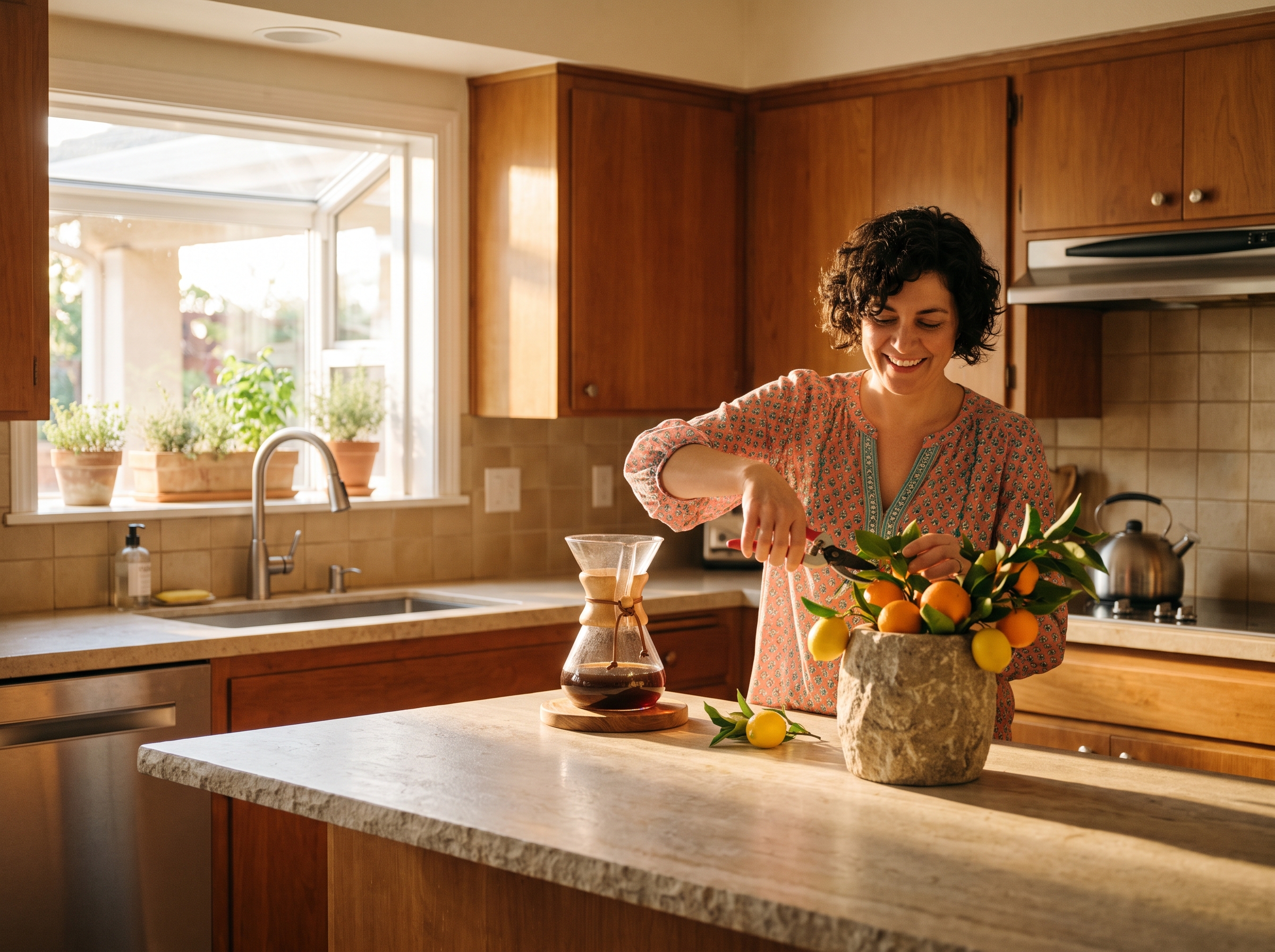 A woman with short curly hair trims citrus branches at a stone kitchen island in morning sun, a small vase in front of her and a coffee pot on the counter behind.