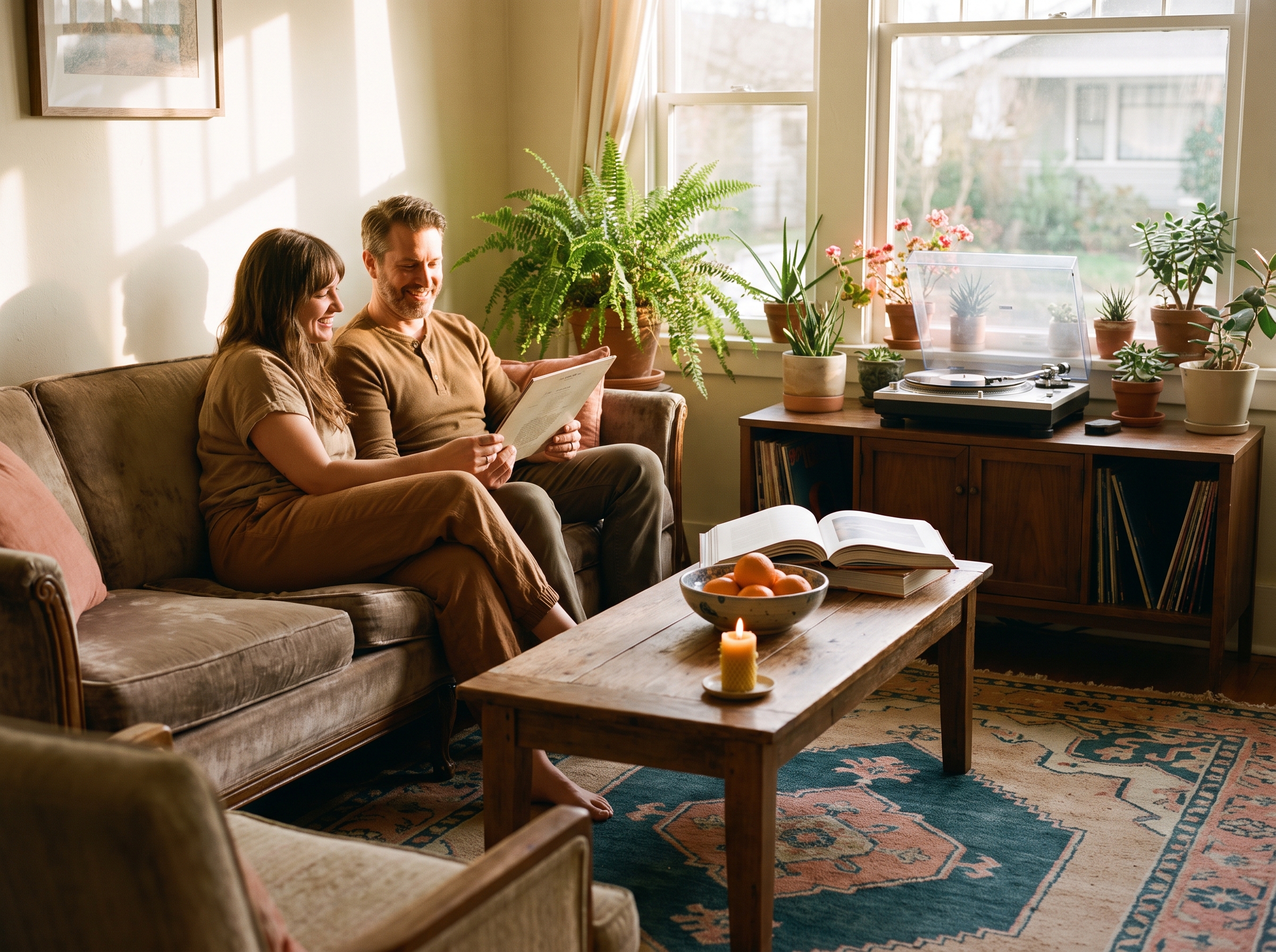 A couple sits on a sofa in a sunlit living room with plants, a record player beside them and a lit candle, a bowl of oranges and a book on the coffee table.