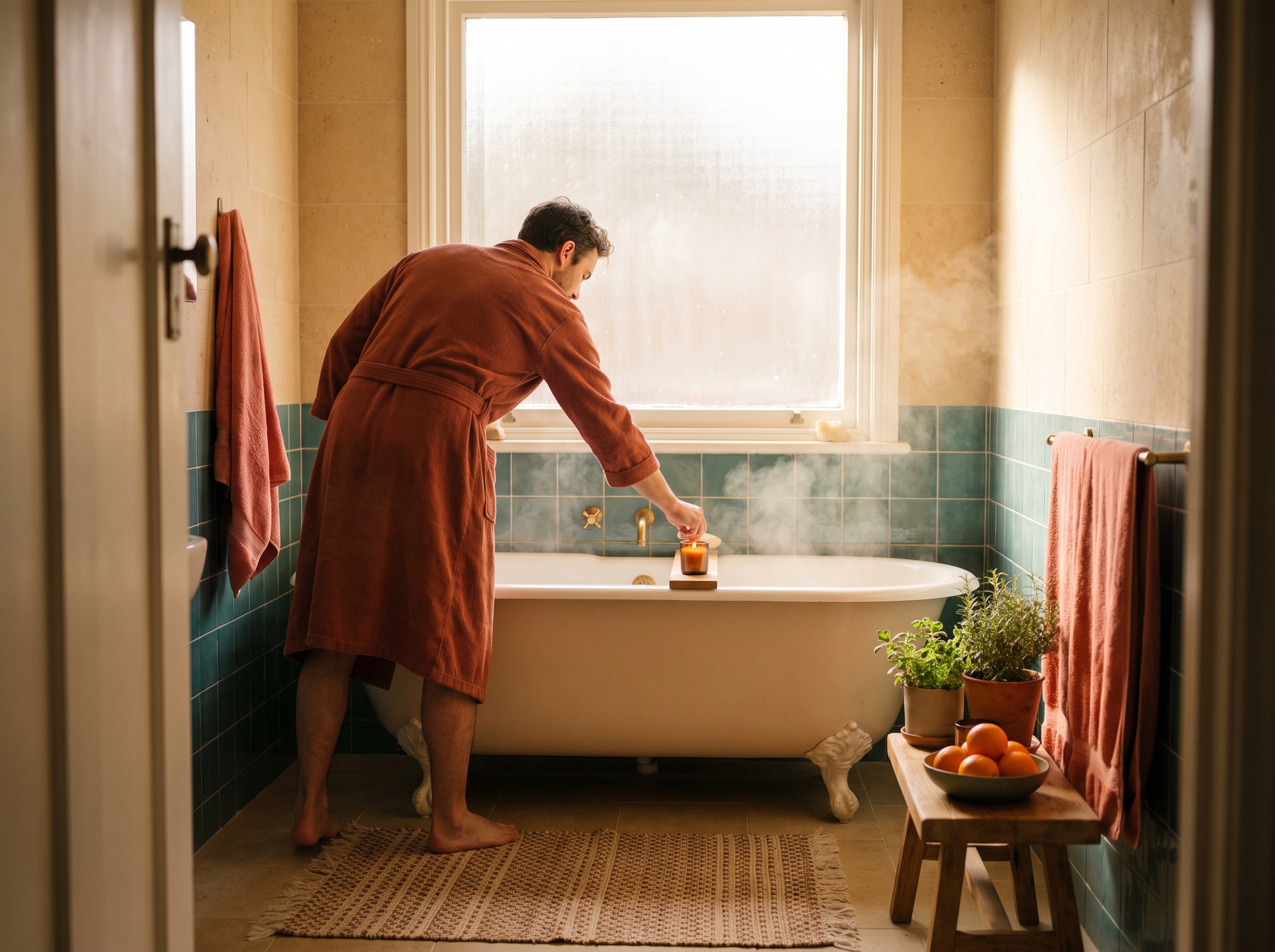 A man in a robe leans over a filling bathtub to turn off the tap in a tiled bathroom, a small lit candle on the edge of the bath and steam lit by a frosted window.
