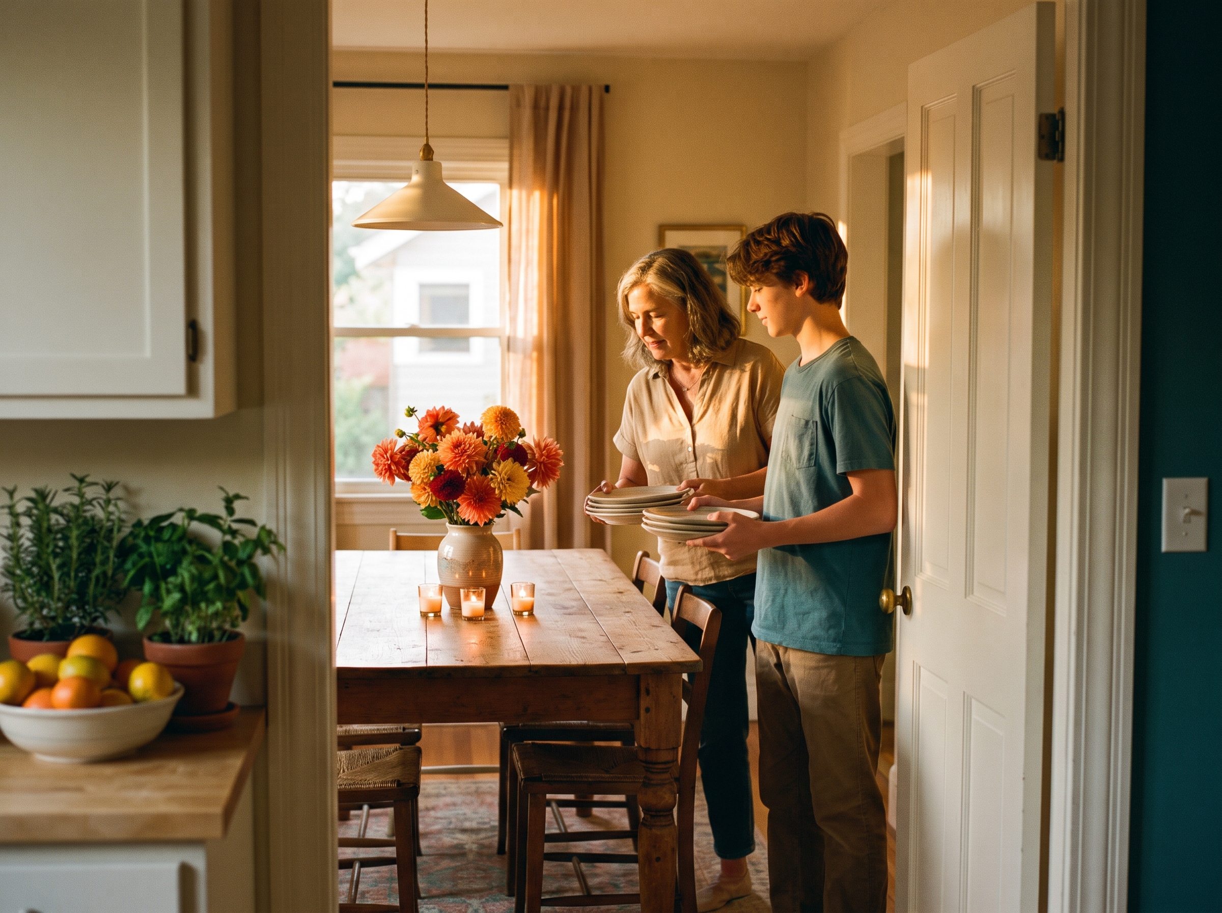 A grandmother and a teenager carry plates toward a long wooden dining table lit by low evening sun, three lit candles and a vase of dahlias on the table.