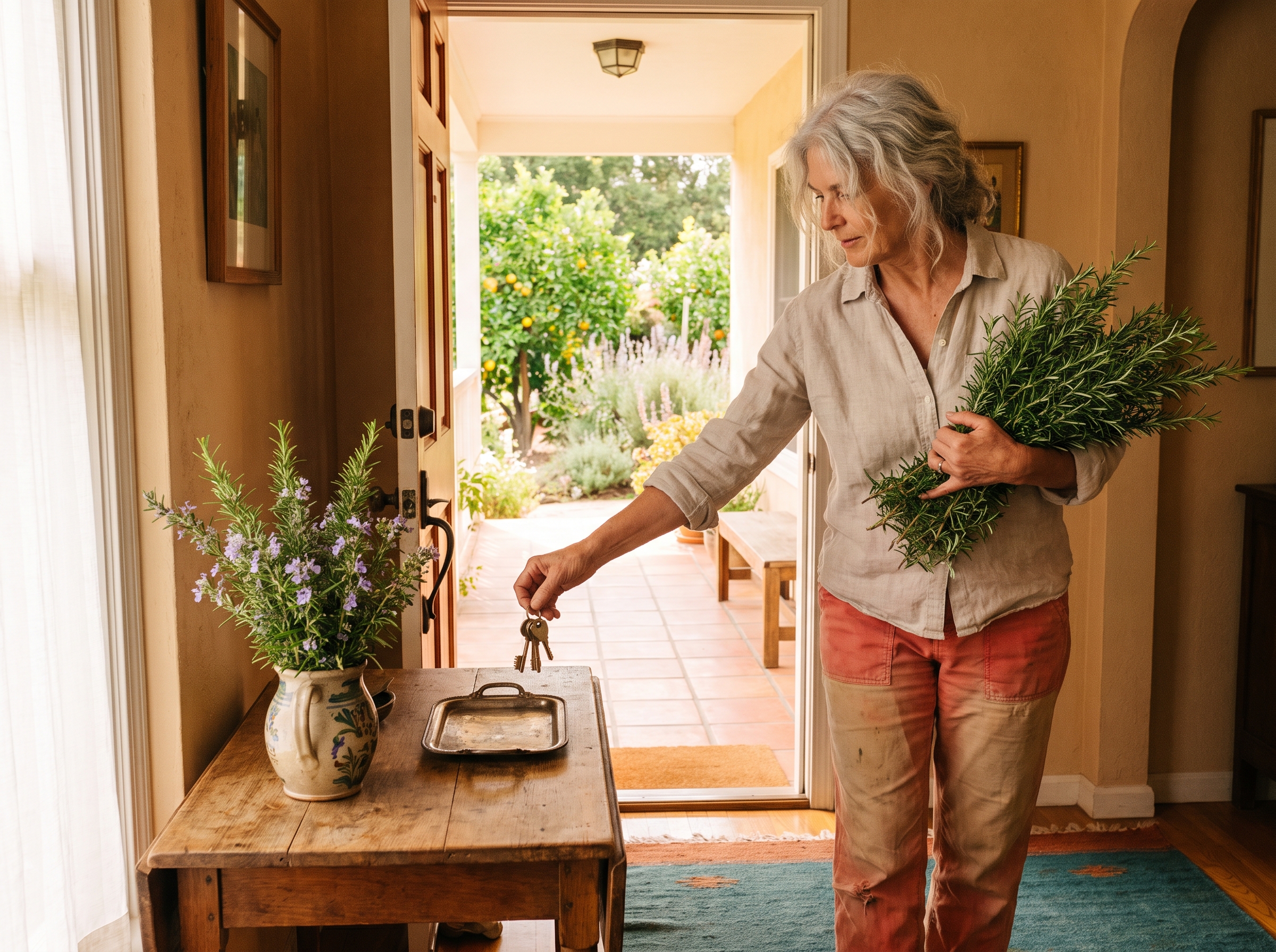 A silver-haired woman steps onto a tiled porch with an armful of rosemary, dropping keys into a small tray by the open door next to a vase of rosemary.