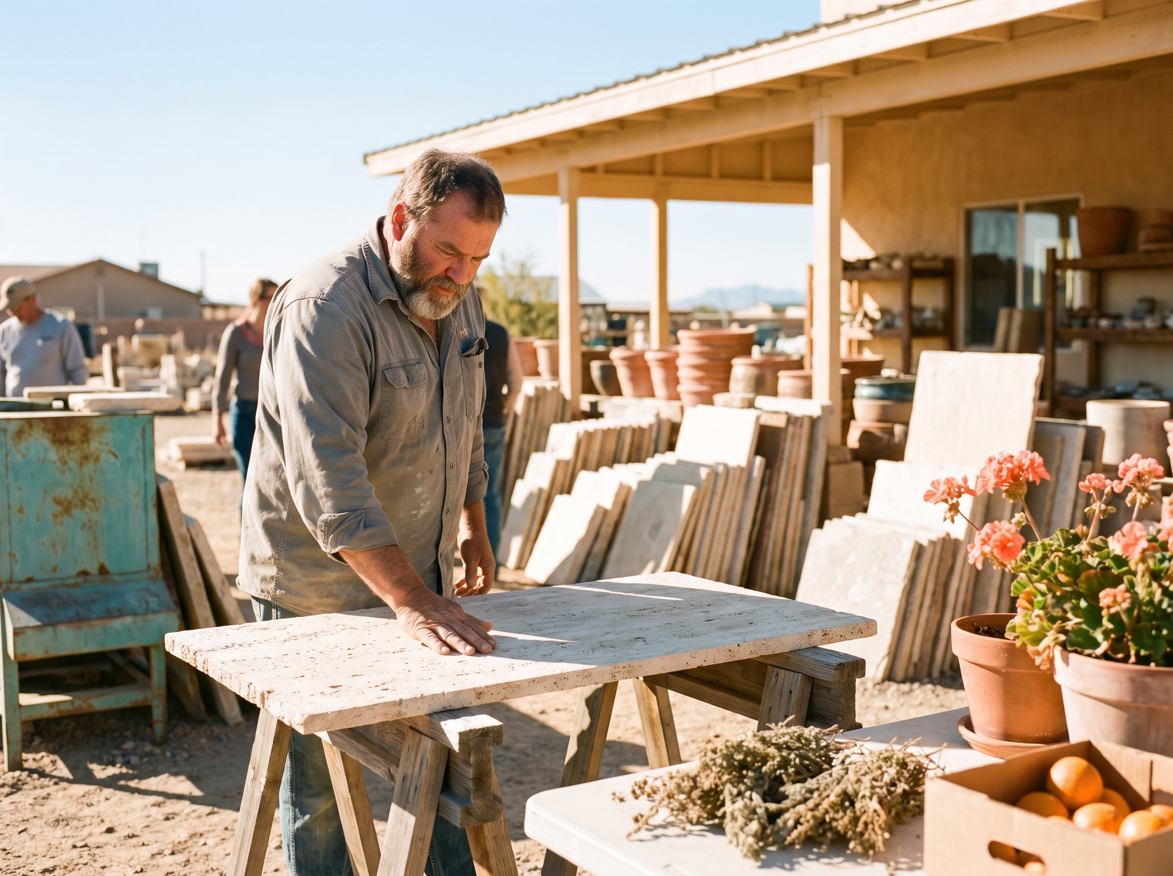 A broad bearded man runs his hand across a slab of pale stone on a trestle in an outdoor stone yard, more slabs stacked behind him in bright morning light.